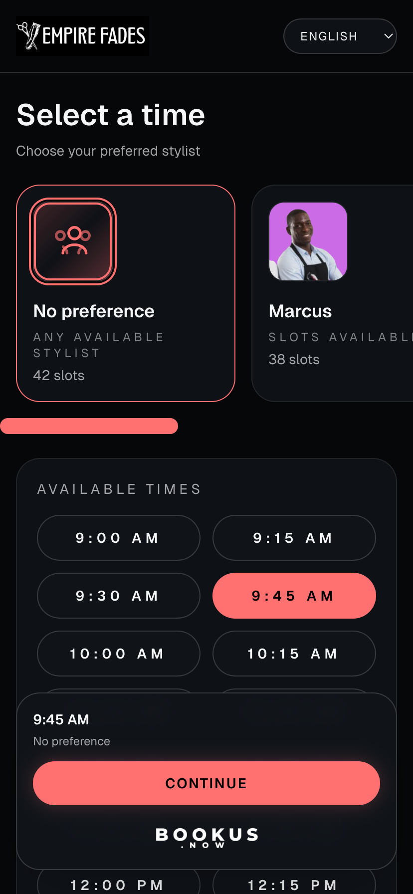 Client booking experience in dark theme